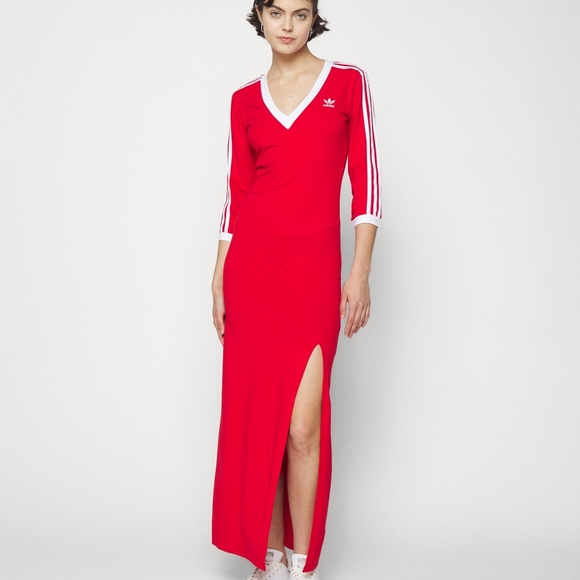 adidas Dresses & Skirts - Adidas Maxi Dress red w/ tri-stripes BNWT!!!